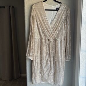 Lane Bryant Plus 16 Sequin Wrap Cocktail Dress Champagne Gold Long Sleeve V-Neck